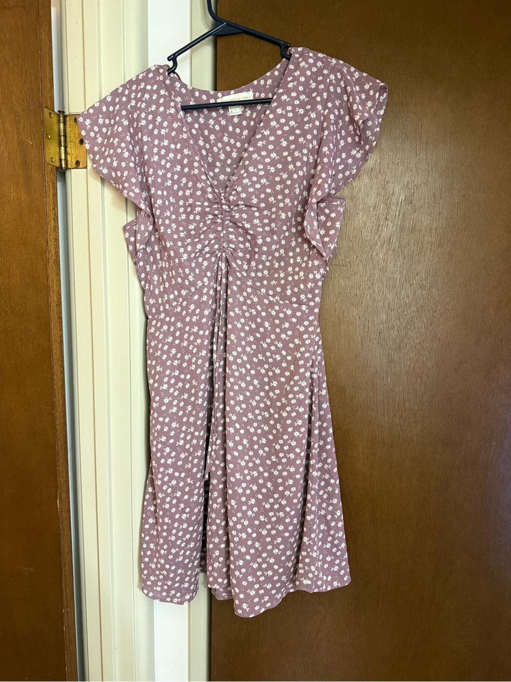 Monteau Mauve Pink Floral Ruched V-Neck Dress
